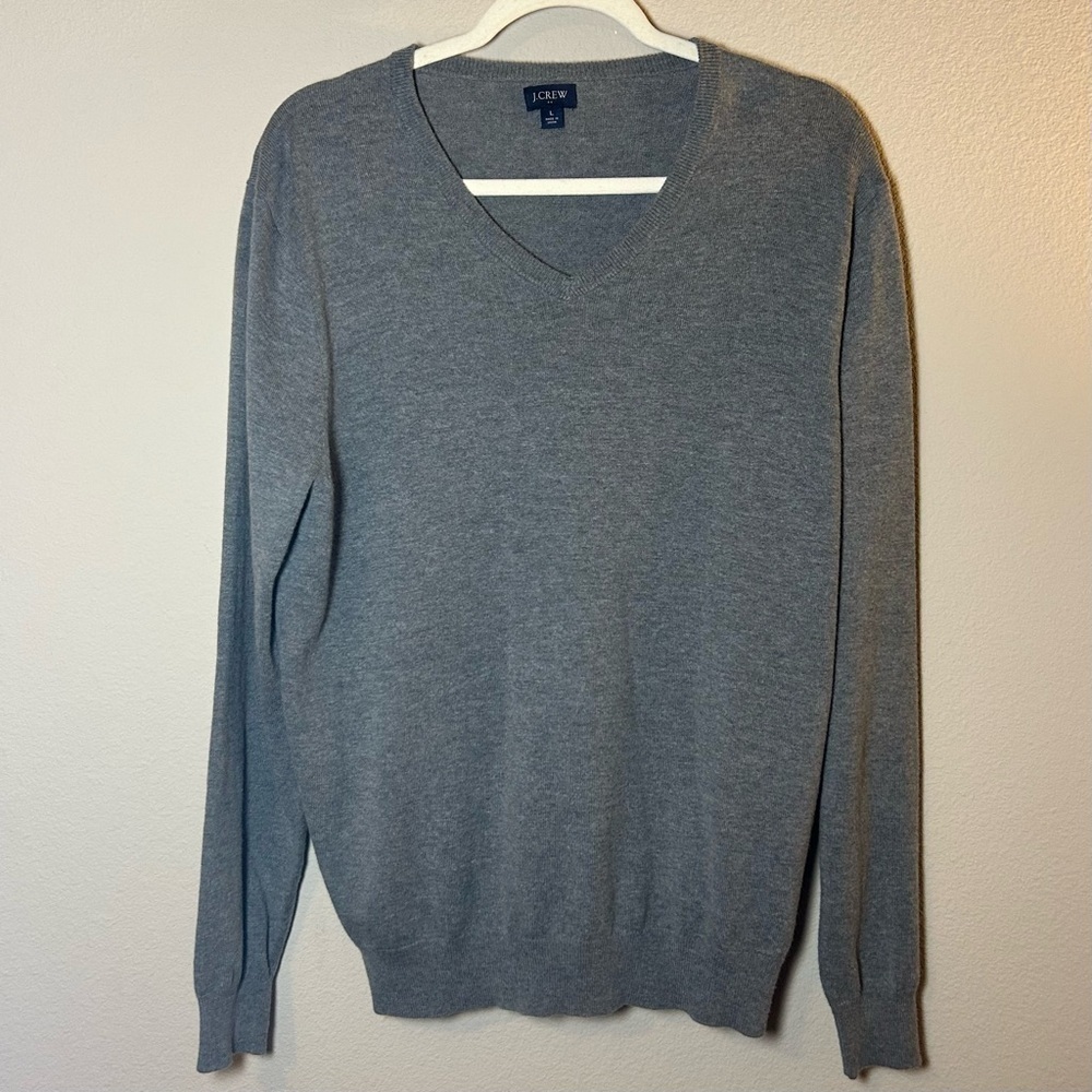 J Crew MensLarge Grey Merino Wool Blend Sweater VNeck LongSleeve Preppy OldMoney